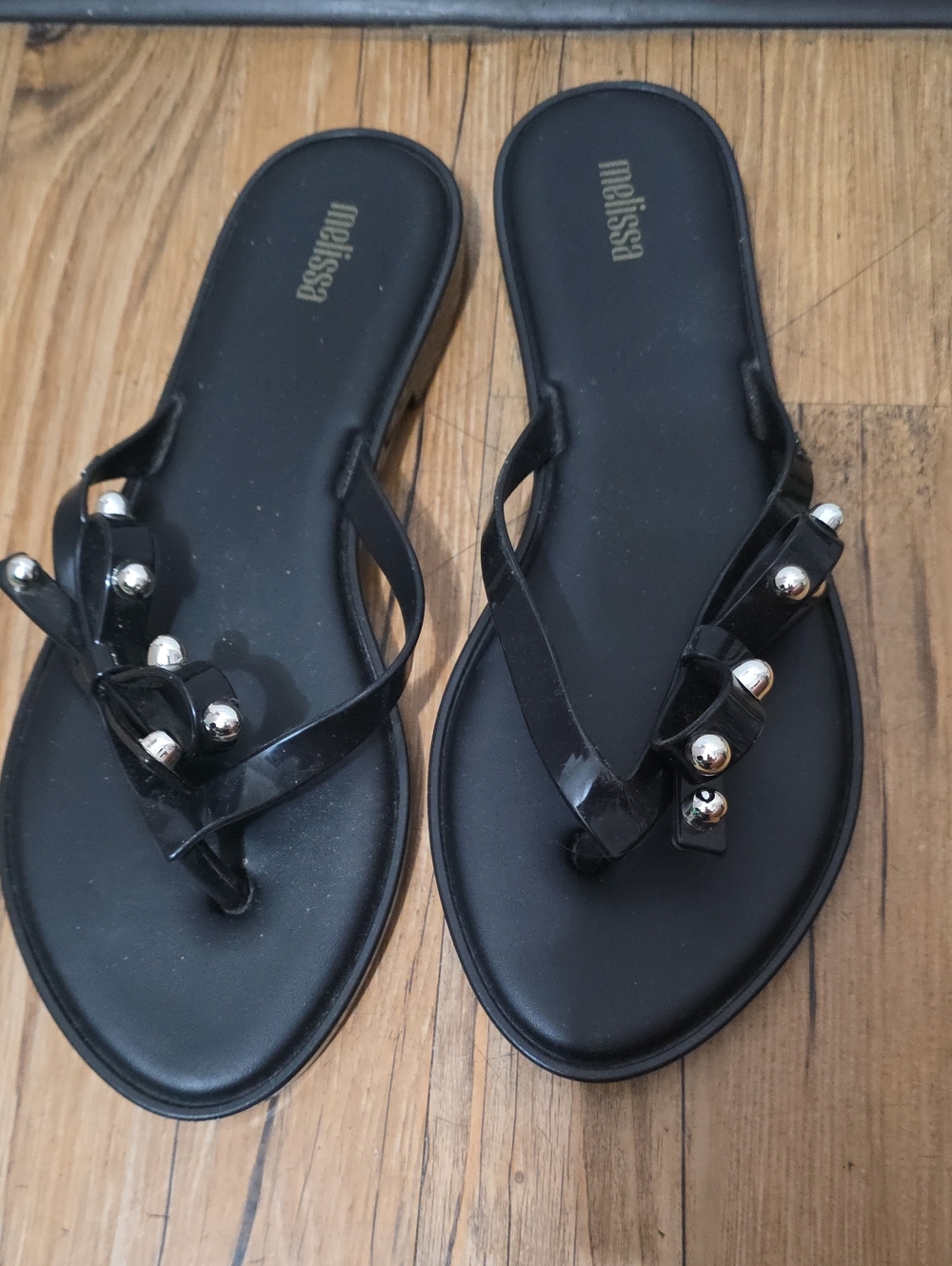 Melissa Black Jelly Thong Sandals with Silver Bead Accents